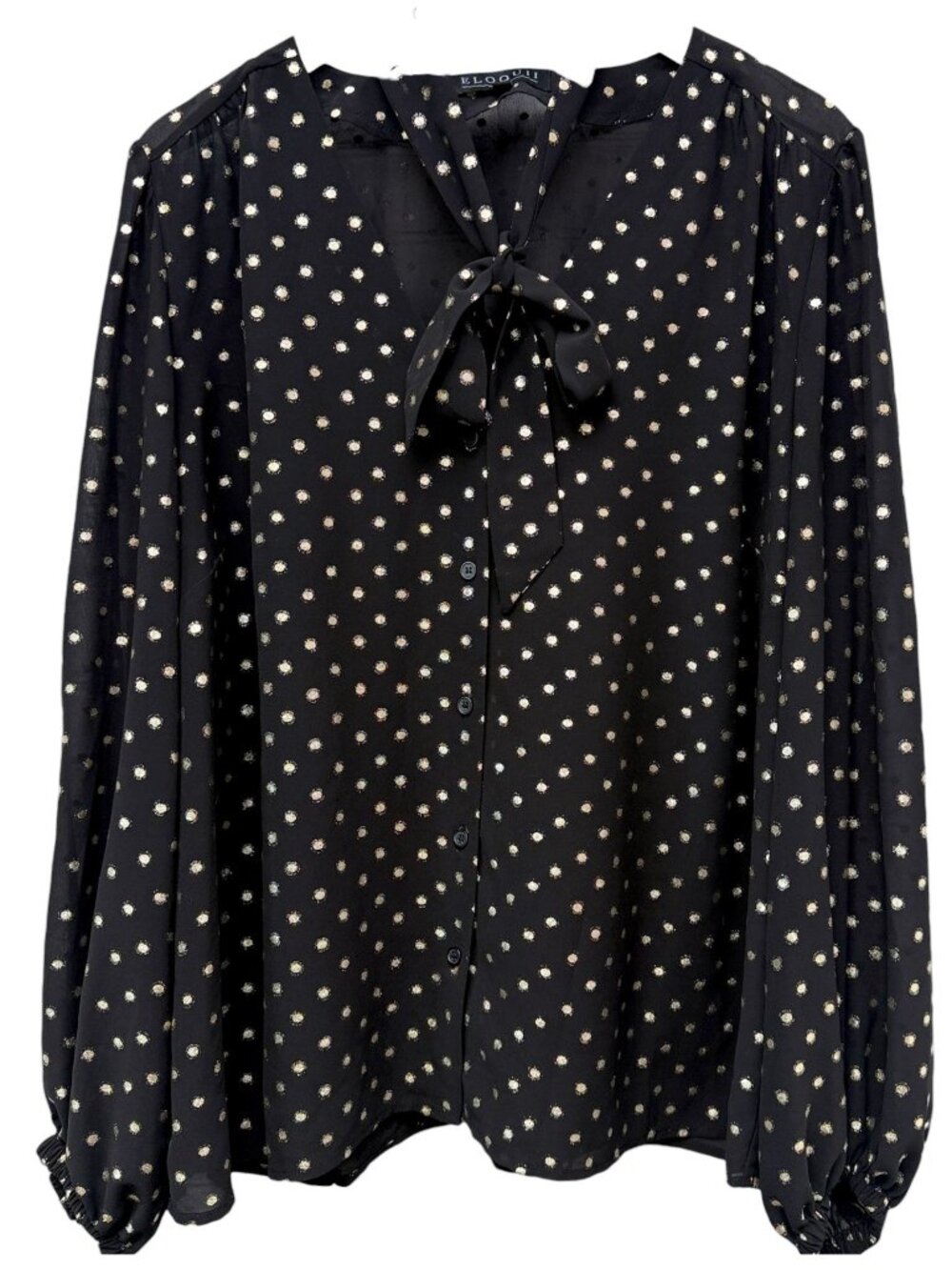 Eloquii Blouse Size 16 Black Gold Polka Dot Removable Bow Sash Evening Top